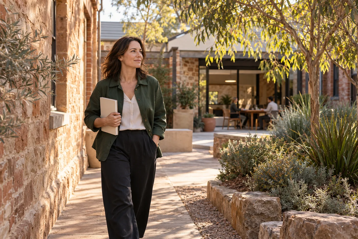 A fictional learner taking a quiet walk with a closed notebook