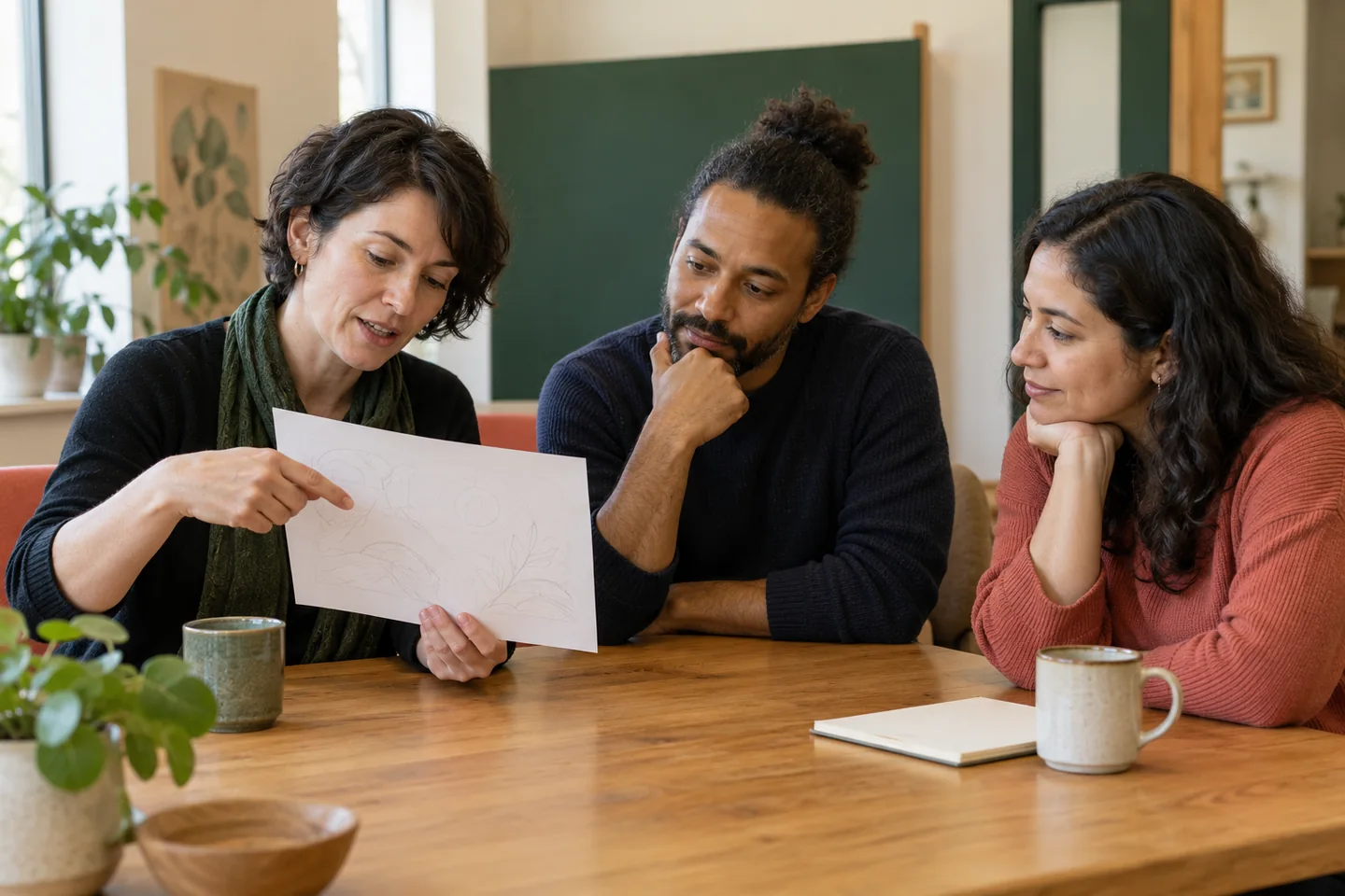 Three fictional learners discussing an idea on paper