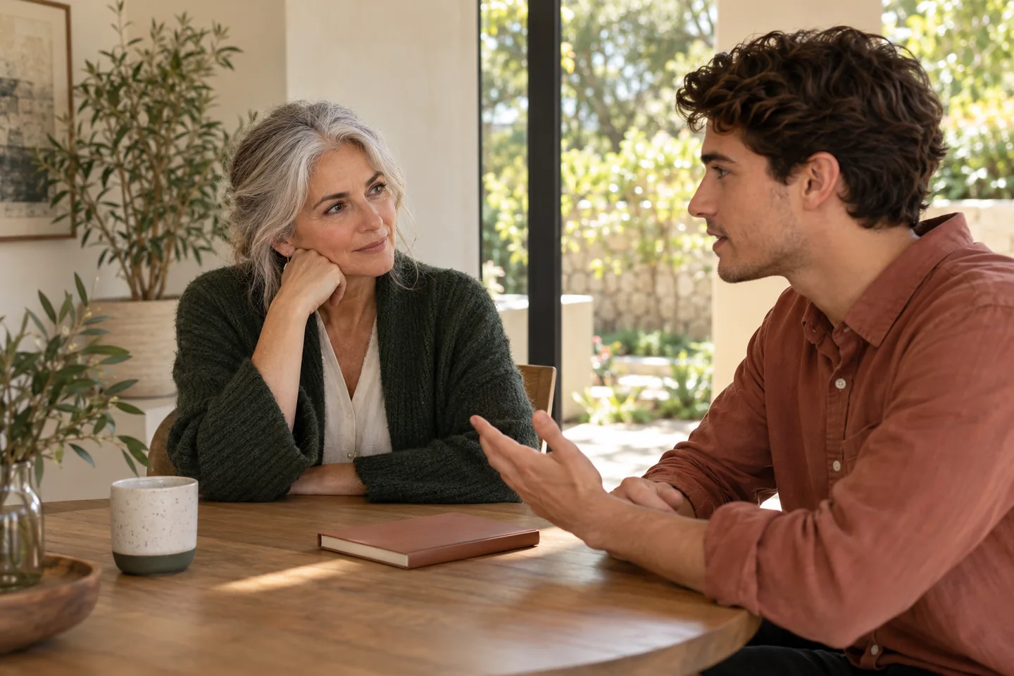 An imaginary mentor listening to a learner in a quiet room