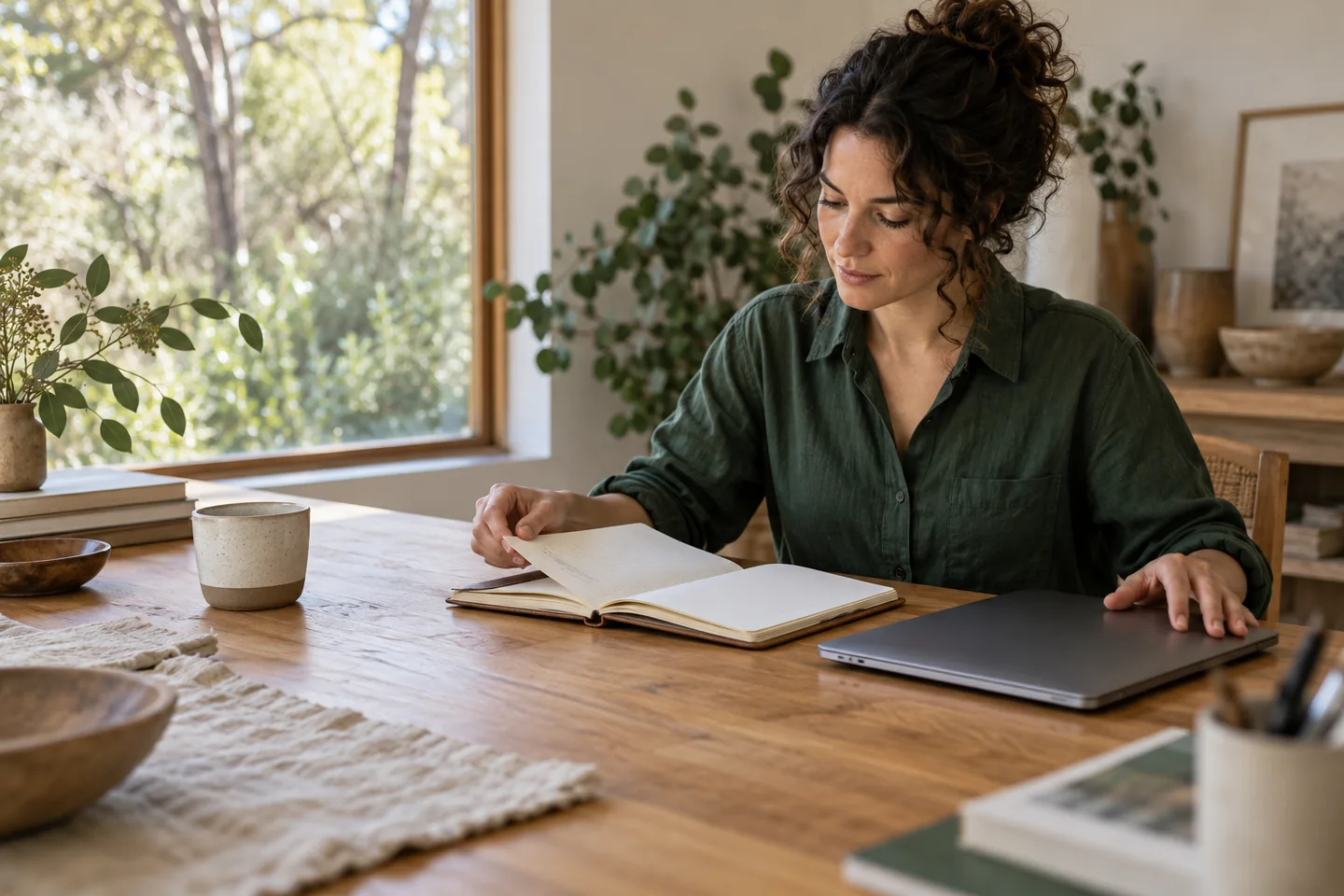 An imagined learner preparing a notebook at a warm timber table