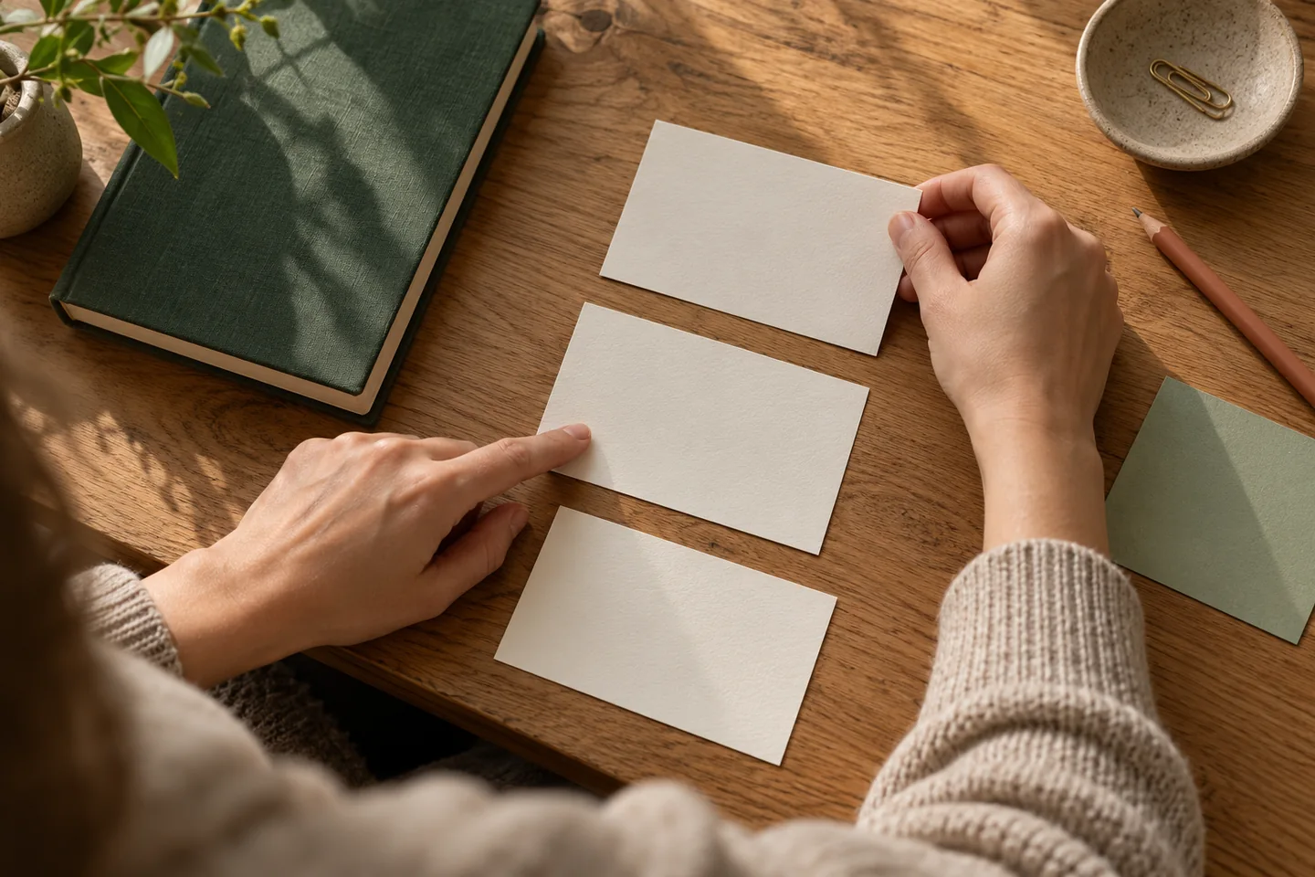 Hands arranging blank study cards beside a notebook