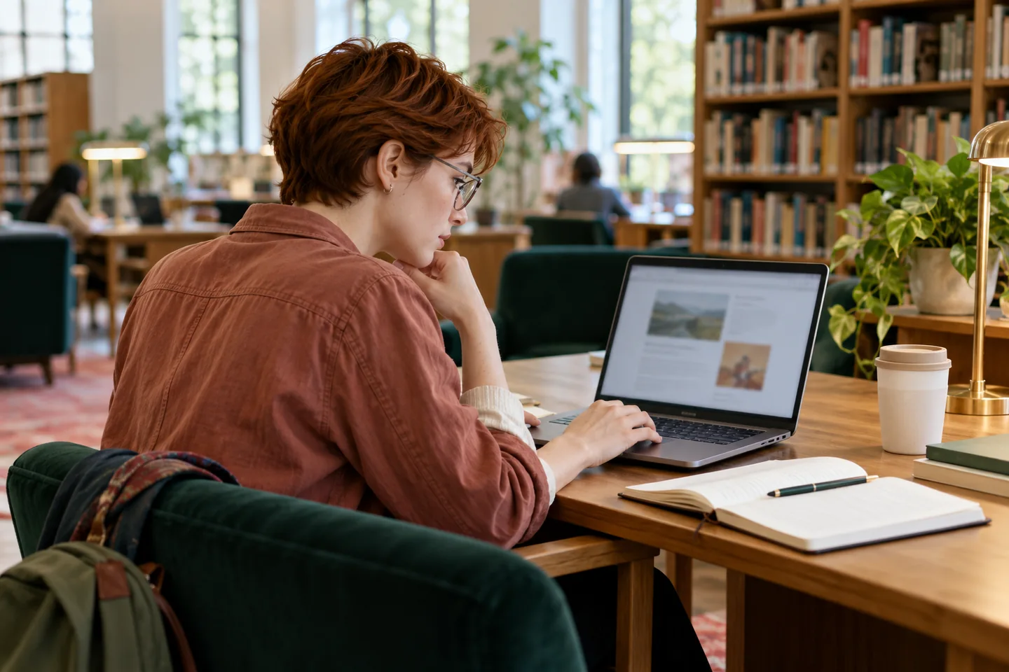 An imagined learner reading documentation in a library