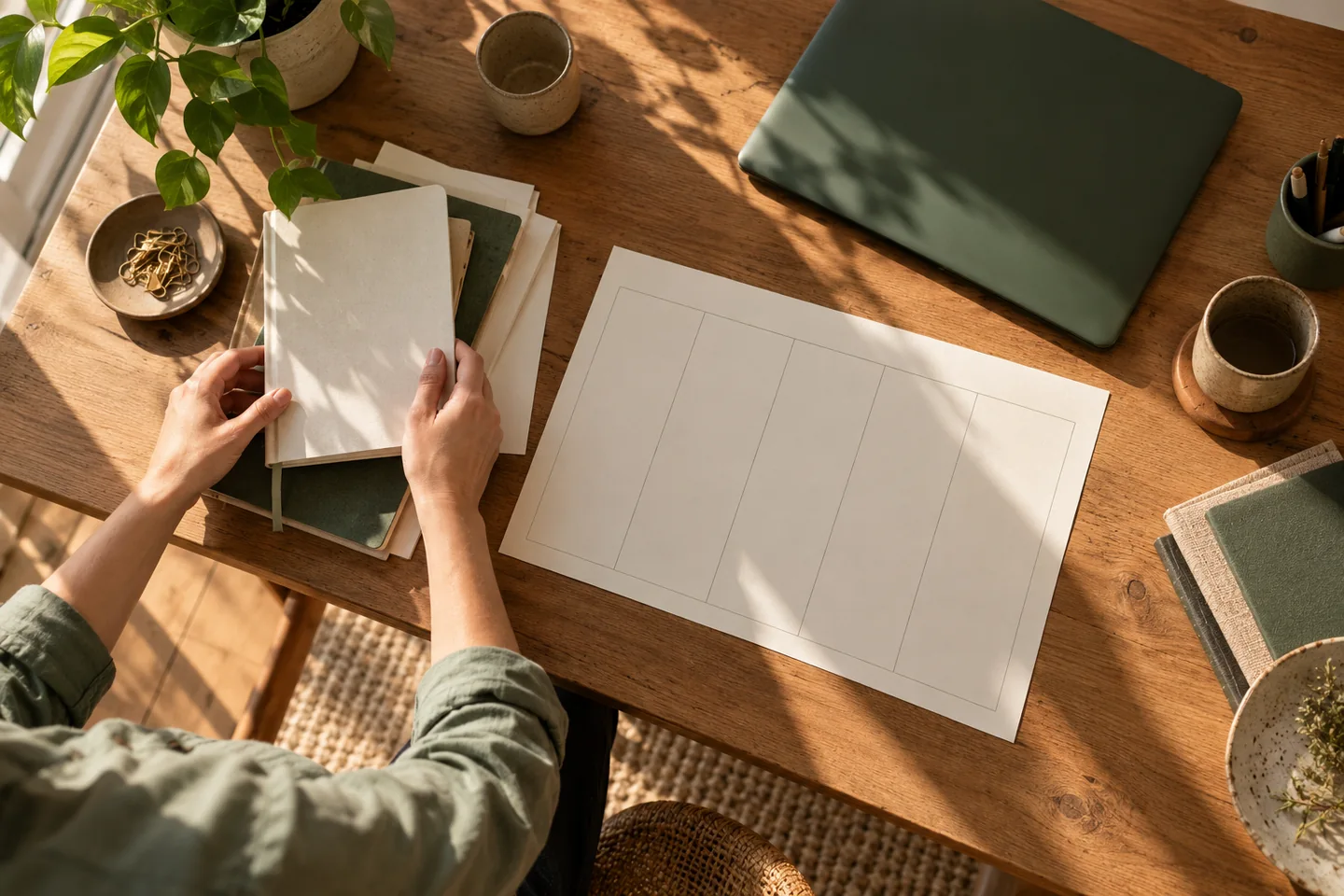 Study materials arranged for a weekly review on a timber table